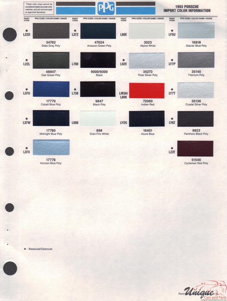 1993 Porsche Paint Charts PPG